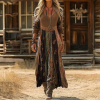 Rosmarie | Damen Boho Patchwork Langarm Maxikleid - Braun