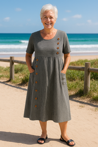 Roswen | Damen Gestreiftes Kurzarm Midikleid mit Knöpfen - Grau