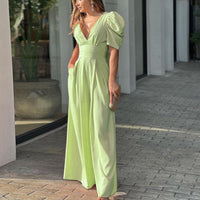 Roswitha | Damen V-Ausschnitt Puffärmel Jumpsuit - Hellgrün