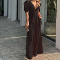 Roswitha | Damen V-Ausschnitt Puffärmel Jumpsuit - Braun