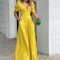 Roswitha | Damen V-Ausschnitt Puffärmel Jumpsuit - Gelb