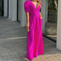 Roswitha | Damen V-Ausschnitt Puffärmel Jumpsuit - Rosa