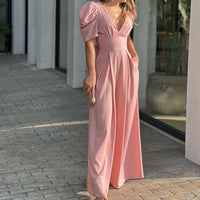 Roswitha | Damen V-Ausschnitt Puffärmel Jumpsuit - Rosa Hell