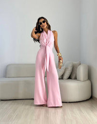 Kamwi - Eleganter Jumpsuit Mit Drapiertem Ausschnitt Und Weitem Bein - Rosa