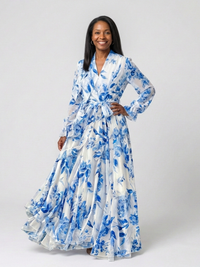 Lillian | Floral Langärmliges Wickel-Maxi-Kleid - Blau
