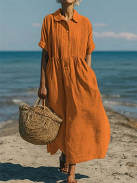 Saskia | Damen Hemdblusenkleid Maxikleid mit Knöpfen - Orange