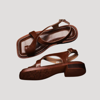 Saskia | Damen Quadratzehenform Blockabsatz Sandale - Braun