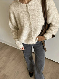 Damen Rundhals-Cardigan mit langen Ärmeln und Knöpfen - Beige
