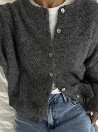 Damen Rundhals-Cardigan mit langen Ärmeln und Knöpfen - Dunkelgrau