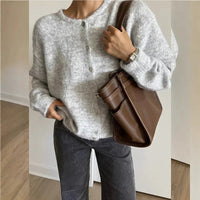 Damen Rundhals-Cardigan mit langen Ärmeln und Knöpfen - Hellgrau