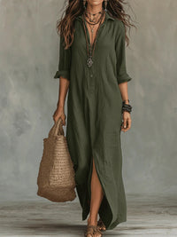 Selestina | Damen Hemdblusenkleid Schwarz Langarm Maxikleid - Grün