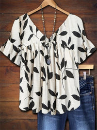 Serenity | Damen Blatt-Print V-Ausschnitt Kurzarm Bluse - Weiß