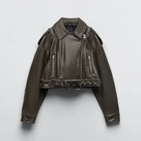 Renate | Damen Cropped Leder-Bikerjacke - Grün
