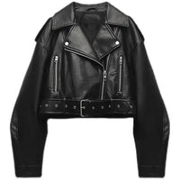 Damen Cropped Biker Lederjacke - Schwarz