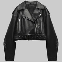 Renate | Damen Cropped Leder-Bikerjacke - Schwarz