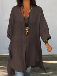 Sigrid | Damen Oversized Longbluse Hemdkragen Langarm - Dunkelbraun