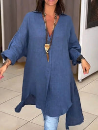 Sigrid | Damen Oversized Longbluse Hemdkragen Langarm - Dunkel Blau