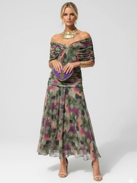 Sophie | Leichtes Elegantes Blumen Midikleid - Grünes Blumenmuster mit Lila