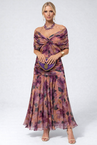 Sophie | Leichtes Elegantes Blumen Midikleid - Lila Blumenmuster mit Pink