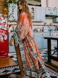 Soraya | Damen Boho Kimono Blumenprint Maxi-Länge - Orange