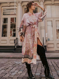 Soraya | Damen Boho Kimono Blumenprint Maxi-Länge - Rosa