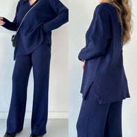 Rosalie - Lässiges Zweiteiler-Set mit V-Ausschnitt und Schlitz - Blau