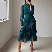 Anna | Damen Plissiertes Midikleid – Elegantes Plissee Midi Kleid - Dunkelgrün
