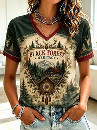 Damen-T-Shirt aus Deutschland im Schwarzwald-Stil mit V-Ausschnitt und Vintage-Print - als bild