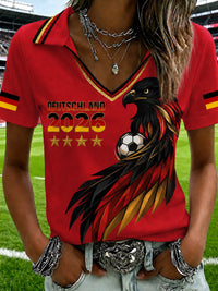 Damen-T-Shirt mit V-Ausschnitt und deutschem Fußballfan-Print - Rot