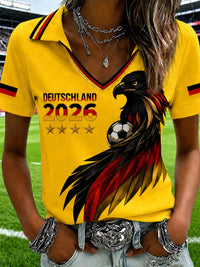 Damen-T-Shirt mit V-Ausschnitt und deutschem Fußballfan-Print - Gelb