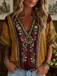 Damen-Boho-T-Shirt mit deutschem Blumenmuster, mittellange Ärmel und V-Ausschnitt - als bild