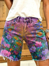 Damen-Shorts im Retro-Stil mit Ölgemälde-Blumenmuster - als bild