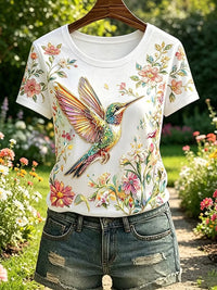 Damen-Blumen-Kolibri-Print-lässiges T-Shirt - Beige