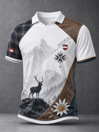 Herren-Polo mit österreichischem Bergmotiv als Kunstdruck, lässig geschnitten - Weiß