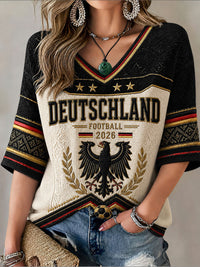 Damen-Fußball-T-Shirt aus Deutschland mit mittellangen Ärmeln und V-Ausschnitt - als bild