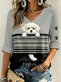 Damen-T-Shirt mit verstecktem Malteser-Hund und Pfotenabdrucken, Color-Block-Print, mittellange Ärmel und V-Ausschnitt - Grau