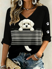 Damen-T-Shirt mit verstecktem Malteser-Hund und Pfotenabdrucken, Color-Block-Print, mittellange Ärmel und V-Ausschnitt - Schwarz