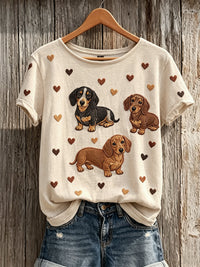 Damen-T-Shirt mit niedlichem Dackel- und Herz-Muster, Kurzarm - Beige