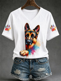 Damen-T-Shirt mit niedlichem Hundeaufdruck – Geschenk für Tierliebhaber, lässig, V-Ausschnitt - Weiß