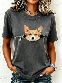 Damen-T-Shirt mit niedlichem Corgi - Dunkelgrau