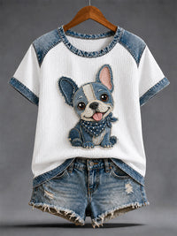 Damen-Denim-Patchwork-T-Shirt mit Hunde-Print und Waffelstruktur, lässig - Weiß