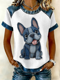 Damen Denim Patchwork Waffel lässiges T-Shirt mit Hunde druck - Weiß