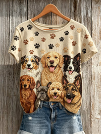 Damen-T-Shirt mit kurzen Ärmeln für Hunde und Pfoten muster - Beige