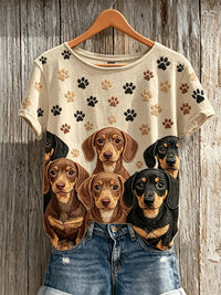 Damen schöne Dackel Hunde & Pfoten Prints Muster Print Kurzarm T-Shirt - Beige