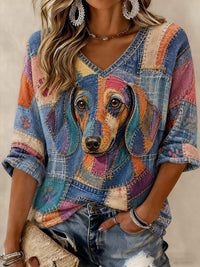 Damen-T-Shirt mit Hunde-Print, mittellange Ärmel und V-Ausschnitt - als bild