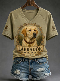 Damen-Retro-T-Shirt mit Hunde-Print und V-Ausschnitt, lässig geschnitten - Olivgrün