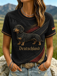 Damen-T-Shirt mit Dackel-Print aus Waffelstoff, kurzärmelig - Schwarz