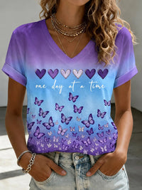 Damen-T-Shirt mit Aufdruck zur Sensibilisierung für die Alzheimer-Krankheit, V-Ausschnitt - Lila