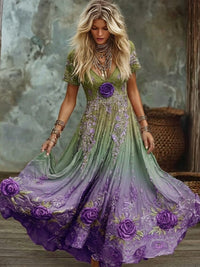 Damen Vintage lila Rose Art Gradient Print V-Ausschnitt Flowy Maxi Kleid - Lila