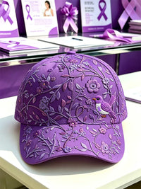 Unisex-Mütze in Lila mit Blumen- und Kolibri‑Muster zur Sensibilisierung für die Alzheimer‑Krankheit - Lila